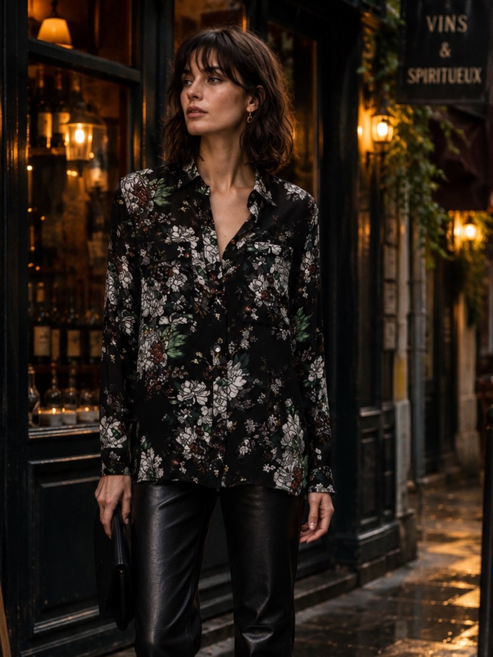 KNOT SISTERS Quiet Luxury Careerwear Black Floral Button-Down Shirt, S